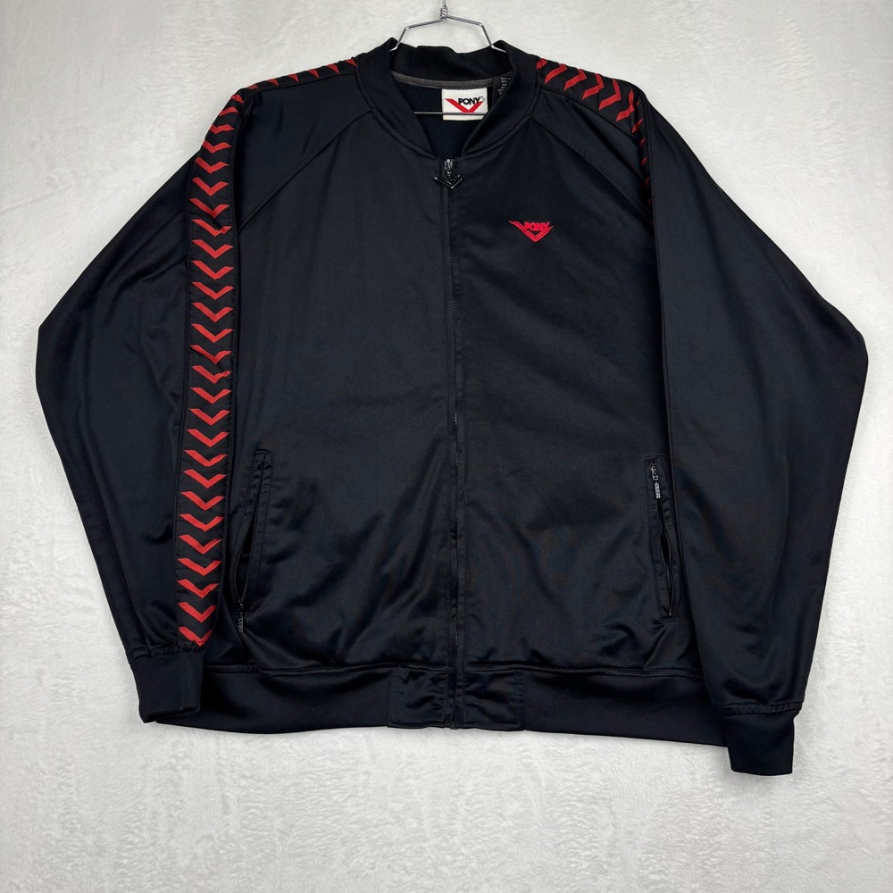 Pony Mens Track Jacket Black Red  Logo Full Zip Vintage XL